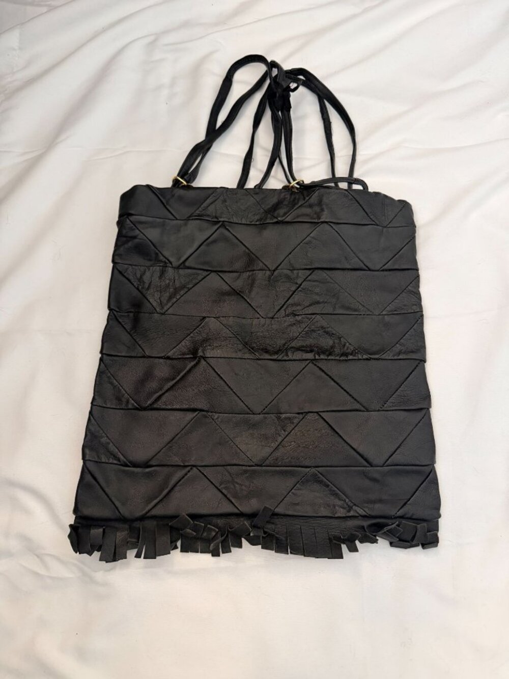 Vintage Black Leather Handbag Purse with Fringe Spain